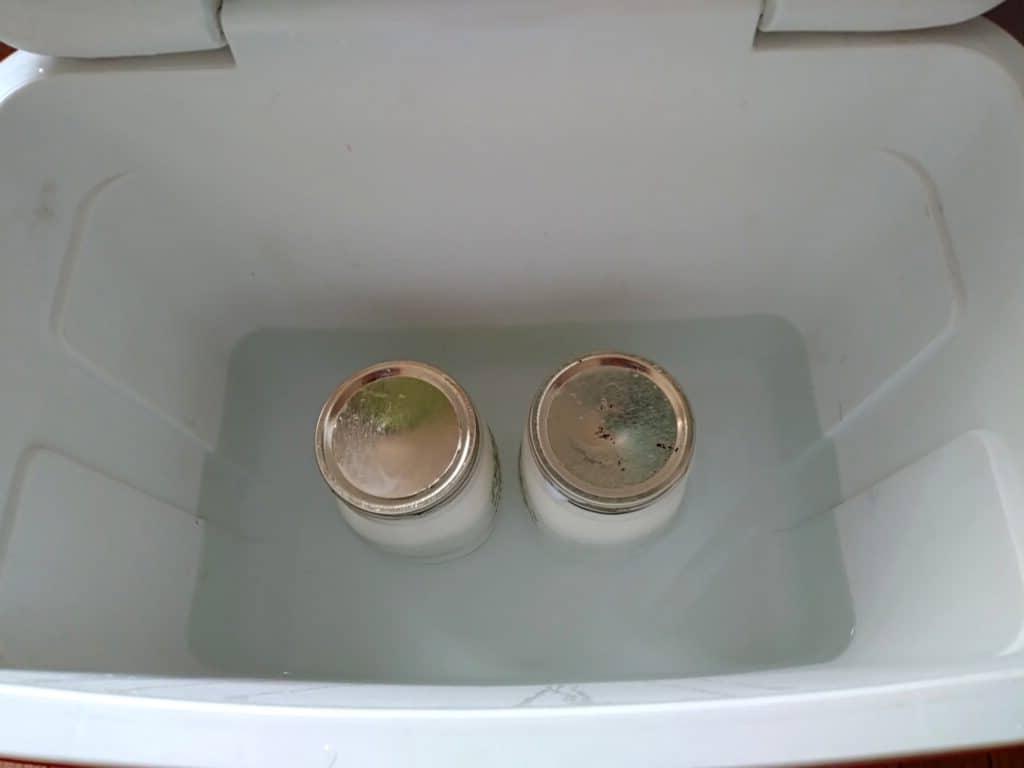 jars of yogurt sitting in a drink cooler with hot water ready for the fermentation process.