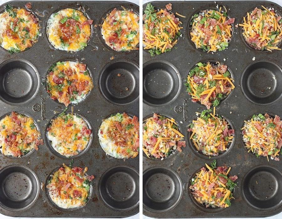 Unbaked eggs with toppings in a muffin pan on the left. Baked eggs in muffin pan on the right.