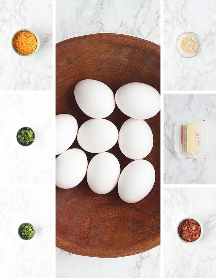oven baked eggs ingredients including breadcrumbs, butter, bacon, eggs, cheese, parsley and green onions
