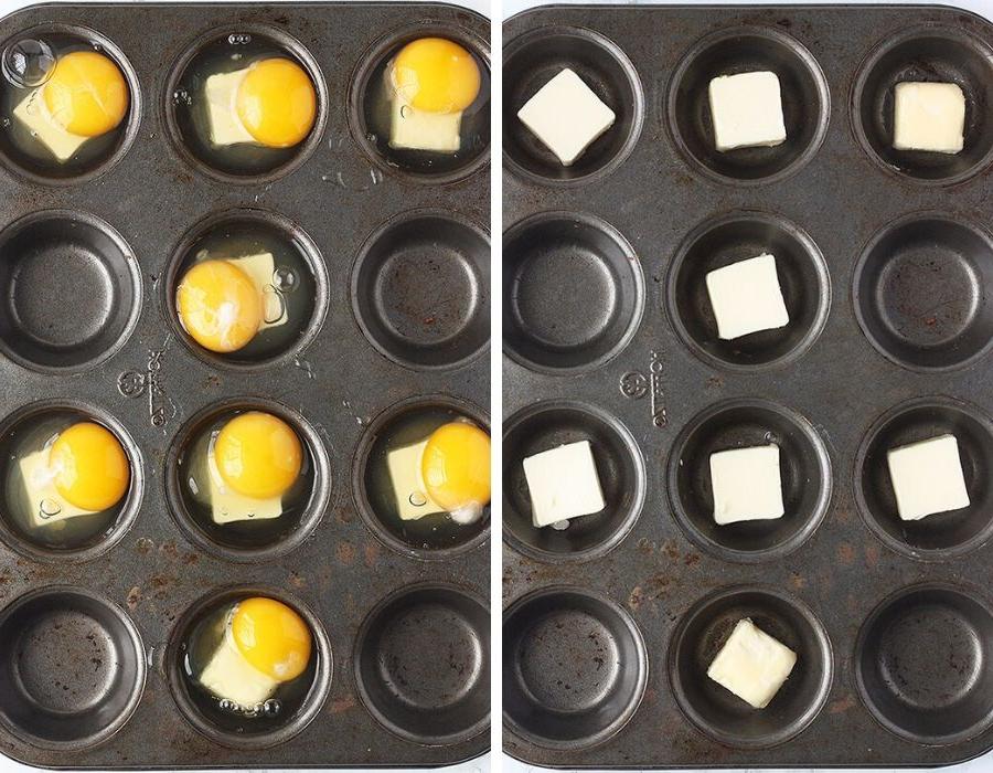 Left, one tablespoon of butter in muffin tin cups. Right, one egg over the butter in muffin tin cups