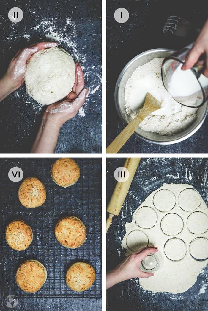 Four stages of making the buttermilk biscuits.