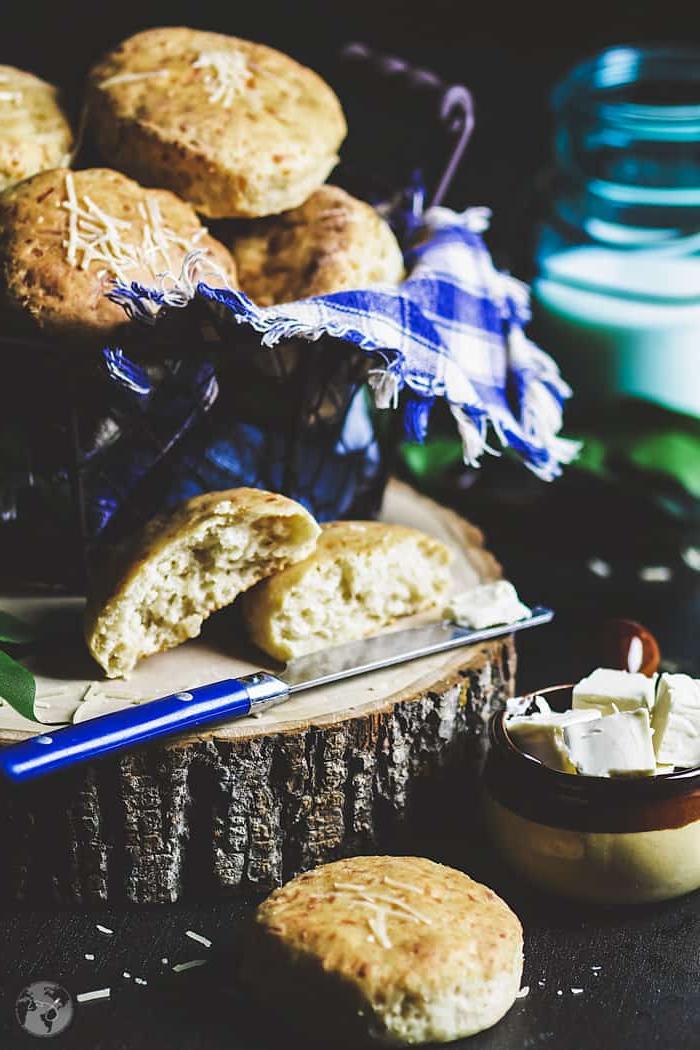 Butter and biscuits made with buttermilk, parmesan, and sesame seeds.