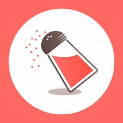 Coral, white, and brown illustration of a tilted salt shaker sprinkling salt
