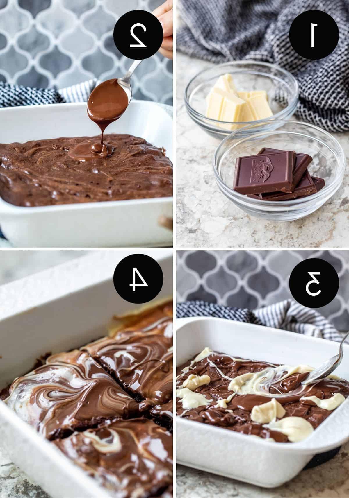 Chocolate topping prep image collate showing melted chocolate being spread on brownies.