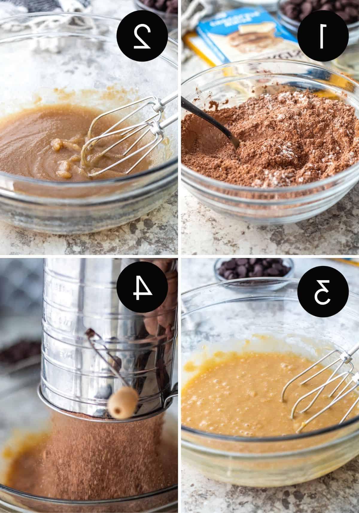 Four prep image collage showing brownie batter prep.