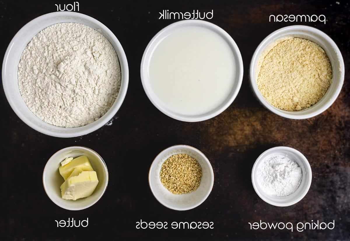 Ingredients for buttermilk biscuits with parmesan and sesame.