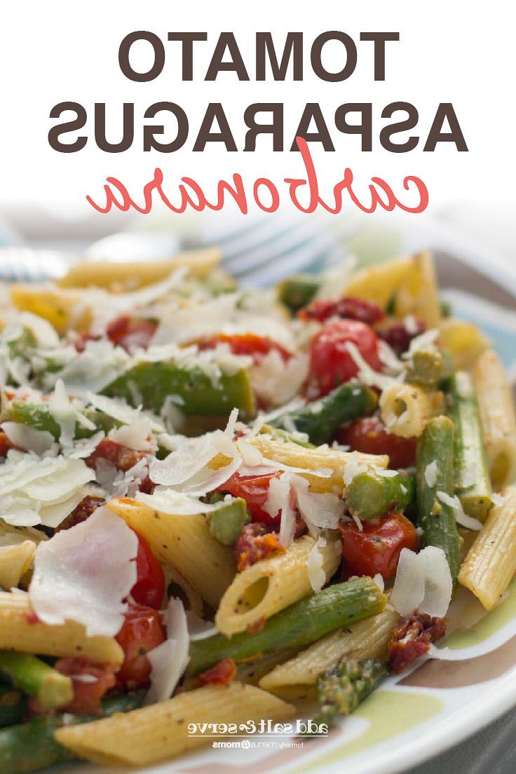 Tomato and Asparagus Carbonara on a plate; text Tomato and Asparagus Carbonara - Add Salt & Serve logo